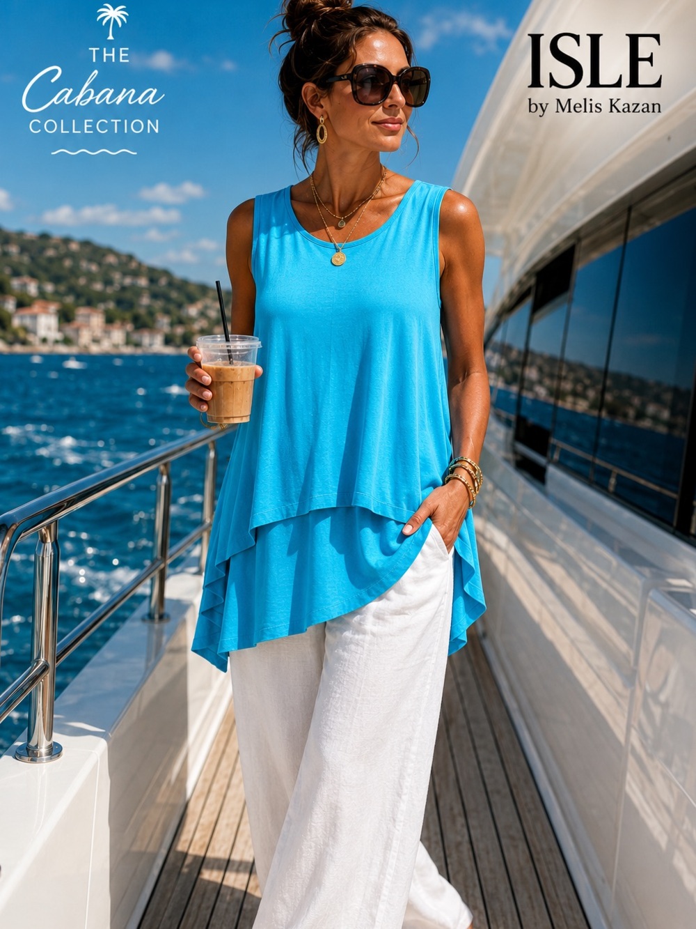 ISLE by Melis Kazan Paradise Blue Layered Tunic Tank Resort Travel ,EUC,Size M
